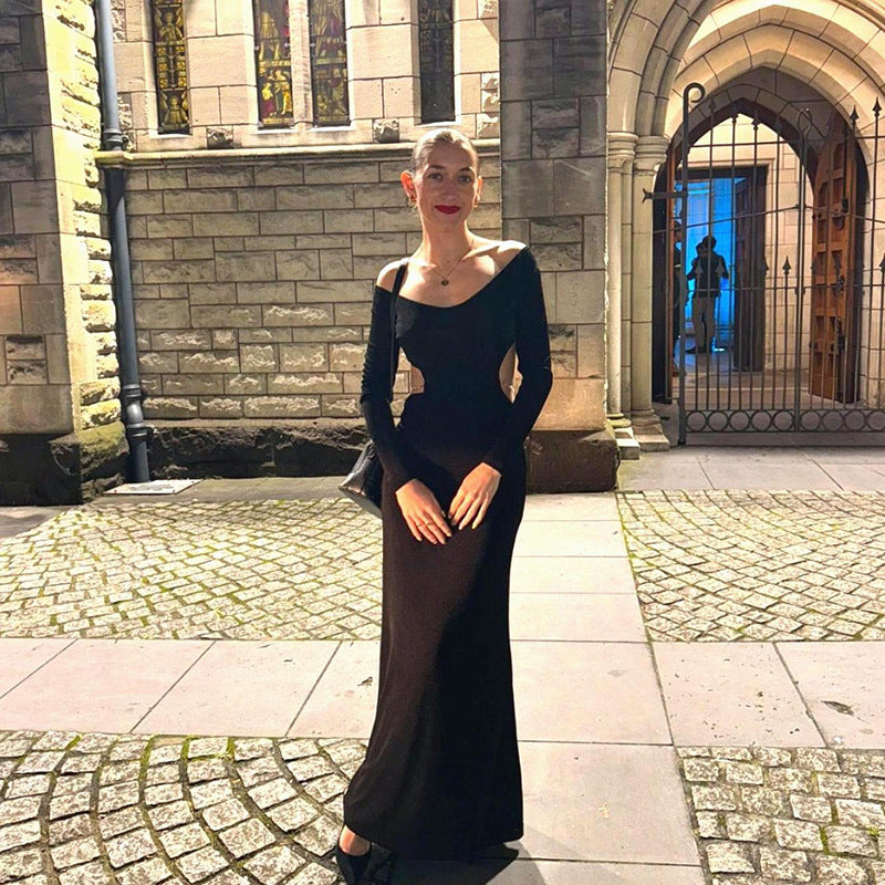 Fall Maxi Dress Elegant Backless Chain Long Sleeve