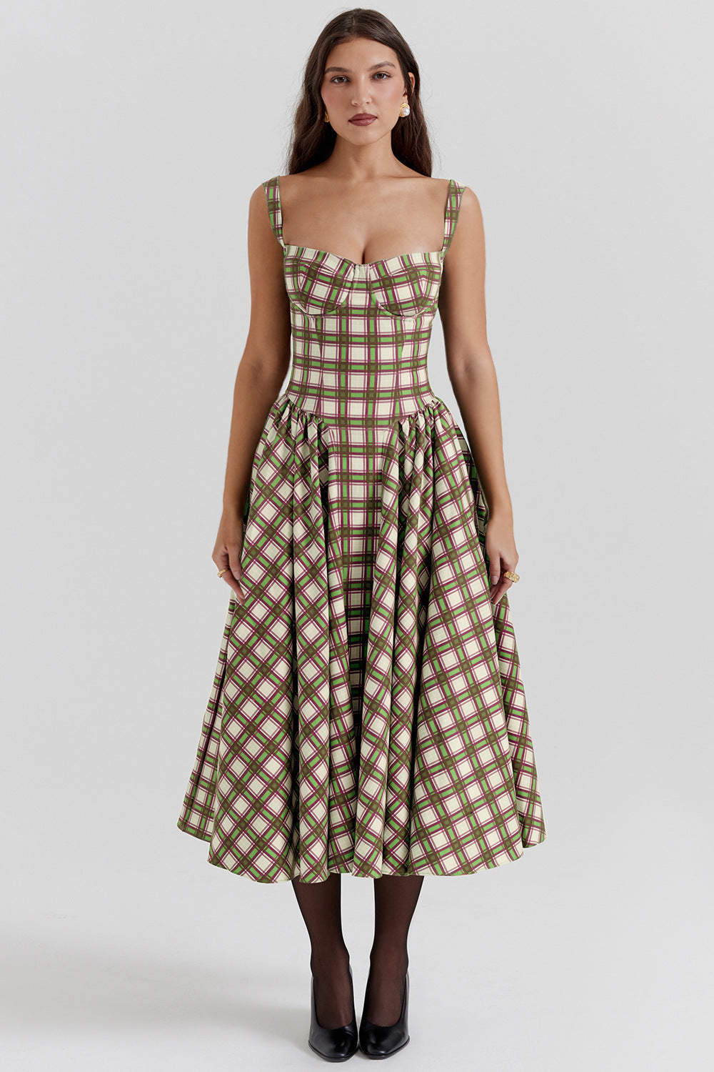 Vestido estilo europeo con cuello en U y cuadros, cintura estrecha, estilo retro, con vuelo grande