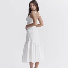 Cami Dress Cotton Linen Jacquard Mid Length Dress White Dress for Sweet Spicy