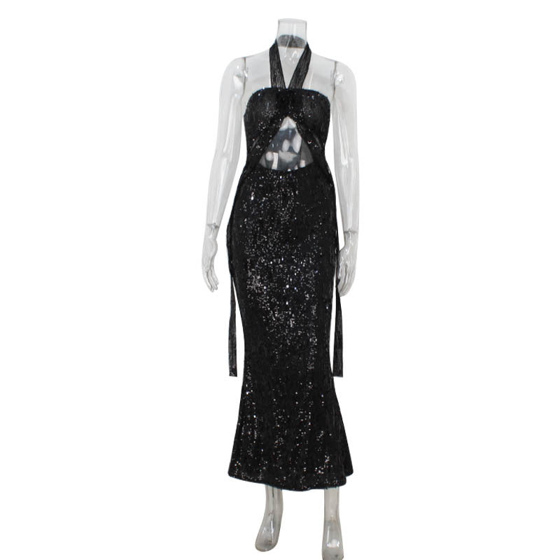 Vestido tubo con cuello halter y corte de cintura alta, elegante y formal.