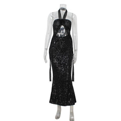 Vestido tubo con cuello halter y corte de cintura alta, elegante y formal.