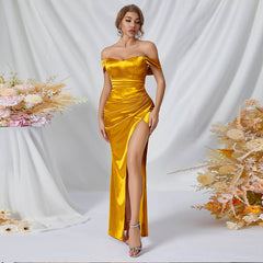 Vestido de noche, vestido de cóctel, vestido de dama de honor, largo, puro, con hombros descubiertos, vestido con abertura alta