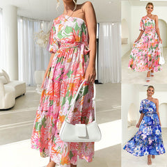Vestido largo estampado elegante para vacaciones, vestido largo con dobladillo grande para