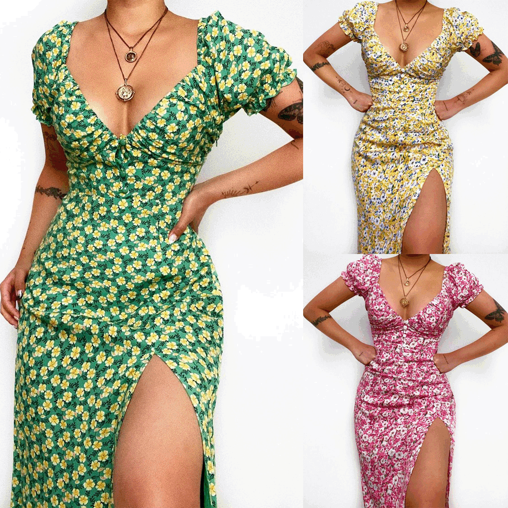 Floral Floral Print Fresh Sweet V-neck Mid-Length Dress