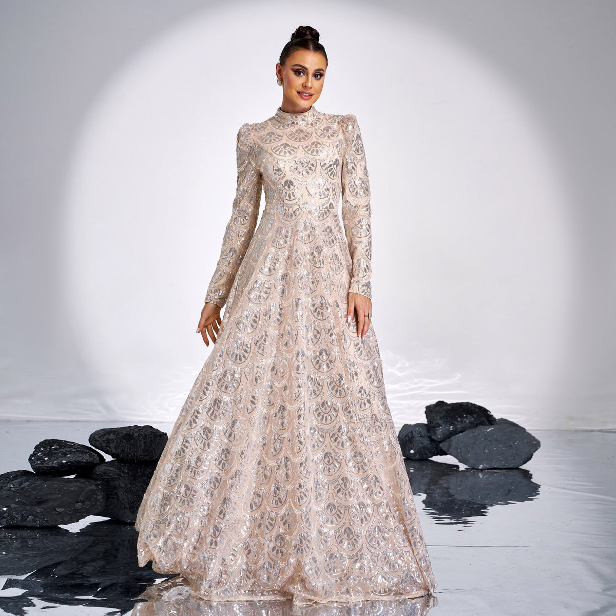 Vestido de cóctel de noche de alta gama con lentejuelas, cuello redondo y manga larga, vestido de dama de honor