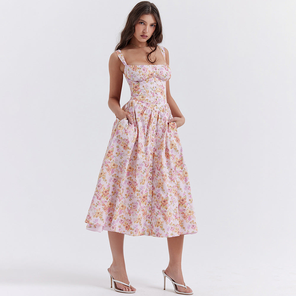 Dress Square Collar Cami Dress Slim Fit Backless Sweet Spicy Wind Floral Dress