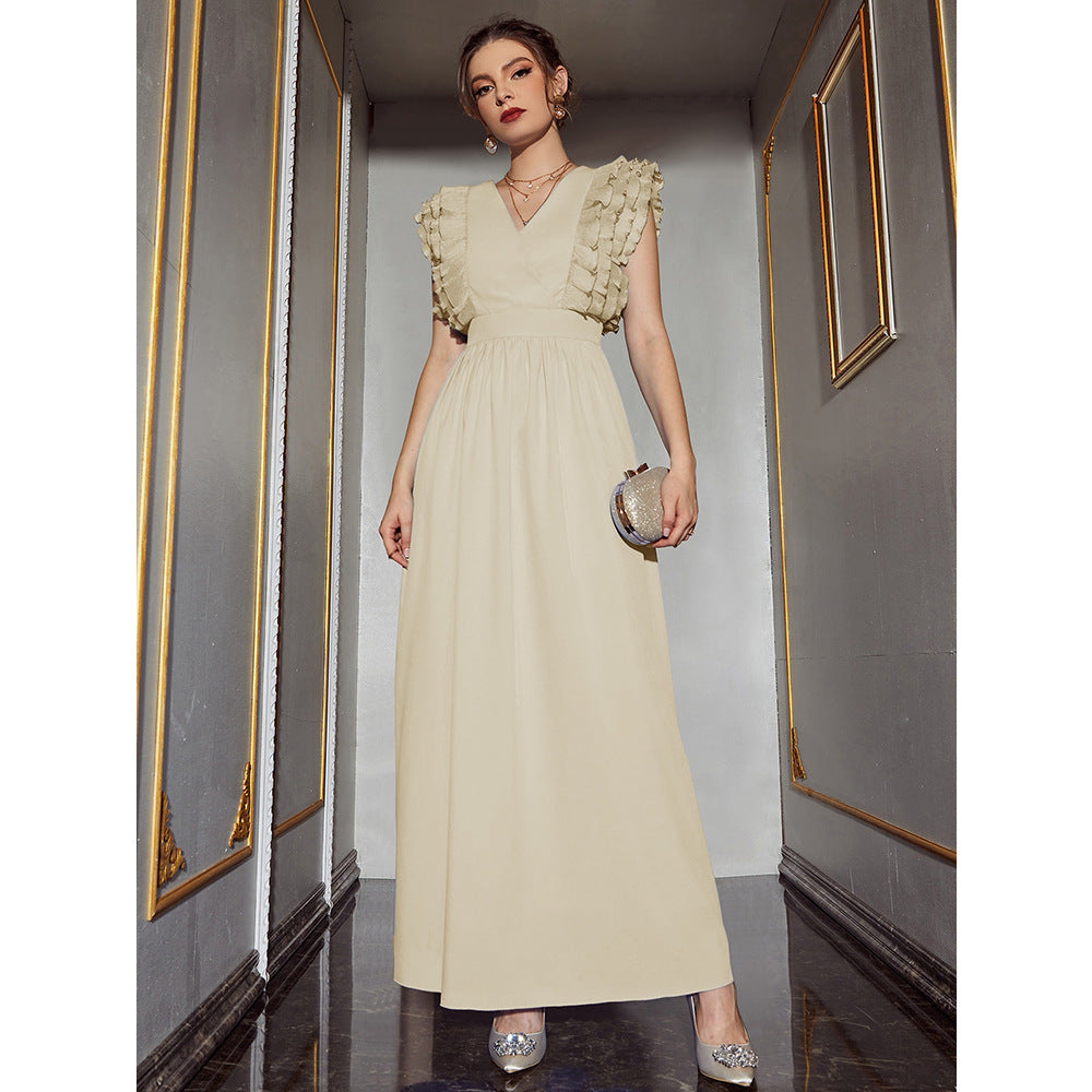 Solid Color V neck Sleeveless High Waist Dress