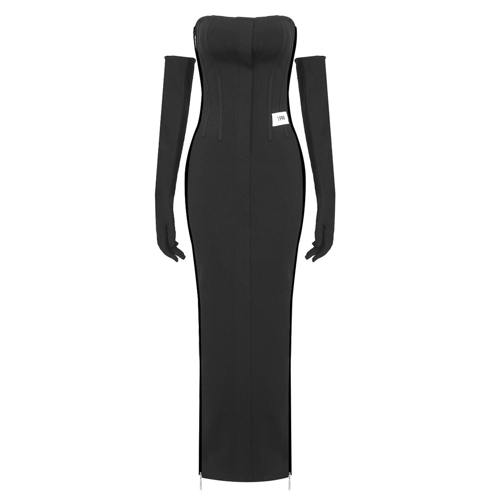 Vestido con guantes y cremallera larga con tiras negras