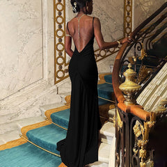 Vestido largo camisola con cuello descapotable, espalda descubierta y corte entallado