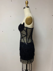 Black Tassel Dress Swing Heavy Embroidery Sequ Tight Dress Party Dress