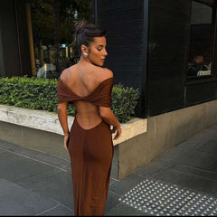 Wear Off Shoulder Backless Sheath Maxi Dress