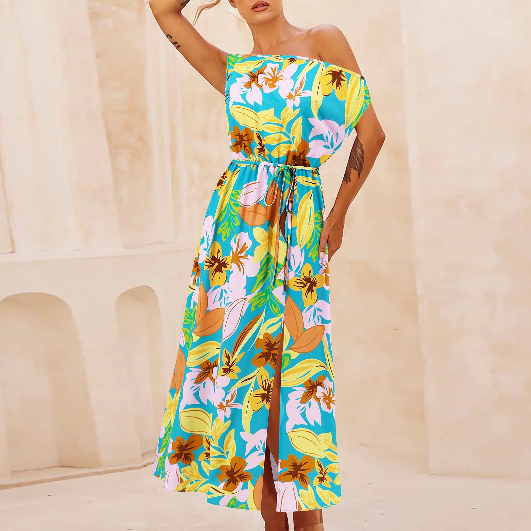 Elegant Slim Printed Dress Off Neck Slit Belt Dress