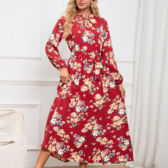 Slim Fit Elegant Lantern Sleeve StUp Collar Lace Floral Midi Dress