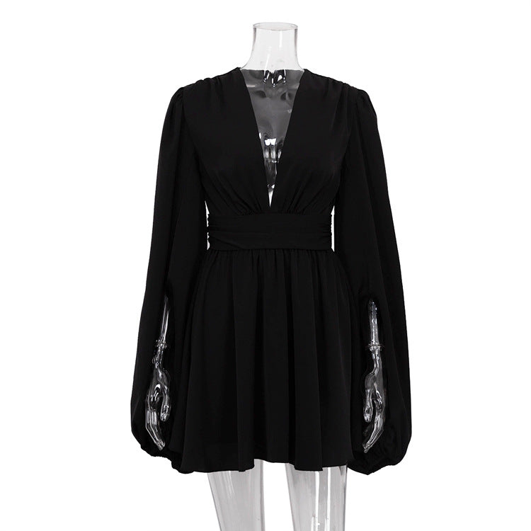French Puff Sleeve High Waist Dress V Neck Abdomen Control Black Short Dress