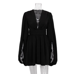French Puff Sleeve High Waist Dress V Neck Abdomen Control Black Short Dress