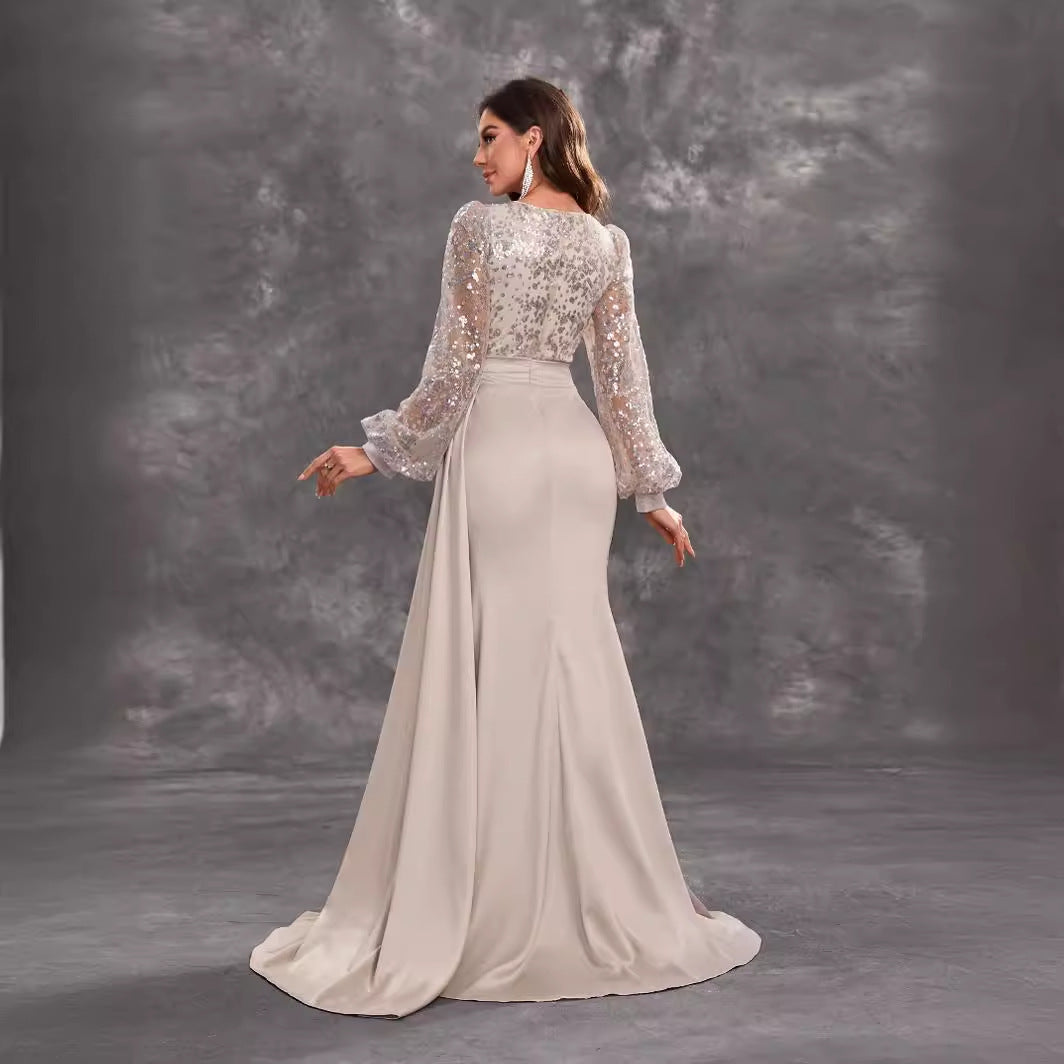 Cocktail Party Evening Dress Sequined Satin V neck Long Sleeve Elegant Evening Gown