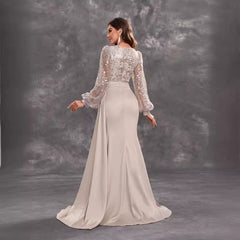 Cocktail Party Evening Dress Sequined Satin V neck Long Sleeve Elegant Evening Gown