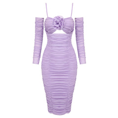 Purple Long Sleeve Dress Slim One Neck Sleeve Floral Tulle Dress