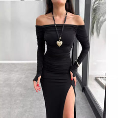 off Neck Backless Pleated Long Sleeve Narrow Split Dress