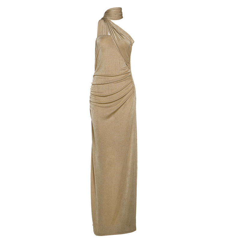 Vestido de noche largo de color liso con escote halter, plisado y lazo en la espalda, ajustado y sin espalda