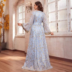 High Class Dubai Maxi Middle East Dress Printed V neck Long Sleeve Ethnic Dress