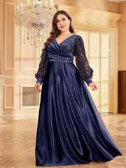 Vestido de satén de talla grande con cuello en V y manga larga, ajustado, maxivestido de lentejuelas para cóctel o noche