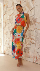 VacationPrinted Halter Sleeveless Waist Tight Dress