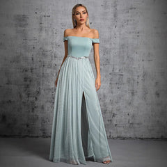 Vestido de noche de fiesta con hombros descubiertos y abertura entallada, elegante, para adultos