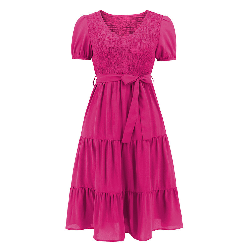 round Neck Short Sleeve Slim Fit Large Swing Stitching Tiered Dress Casual Dress