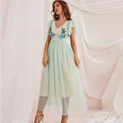 Mesh Dress V neck High Waist Short Sleeve A line Fairy Dress