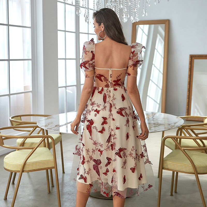 Embroidered Printed Waist off-Shoulder Dress Low-Cut Mesh Large Organza