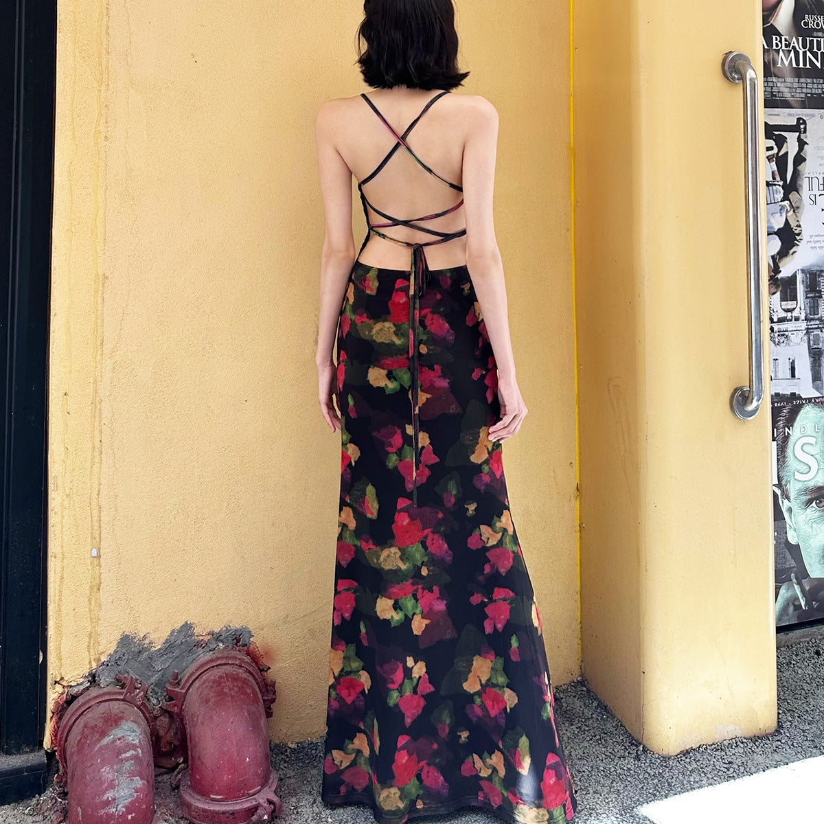 Colorful floral pattern fitted fishtail maxi dress