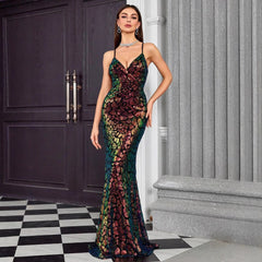 Vestido de noche con escote en V y tirantes, vestido elegante de cola de pez para fiesta anual, anfitrión de fiesta formal