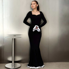 French  Slim Solid Color Slimming Bell Sleeve Dress