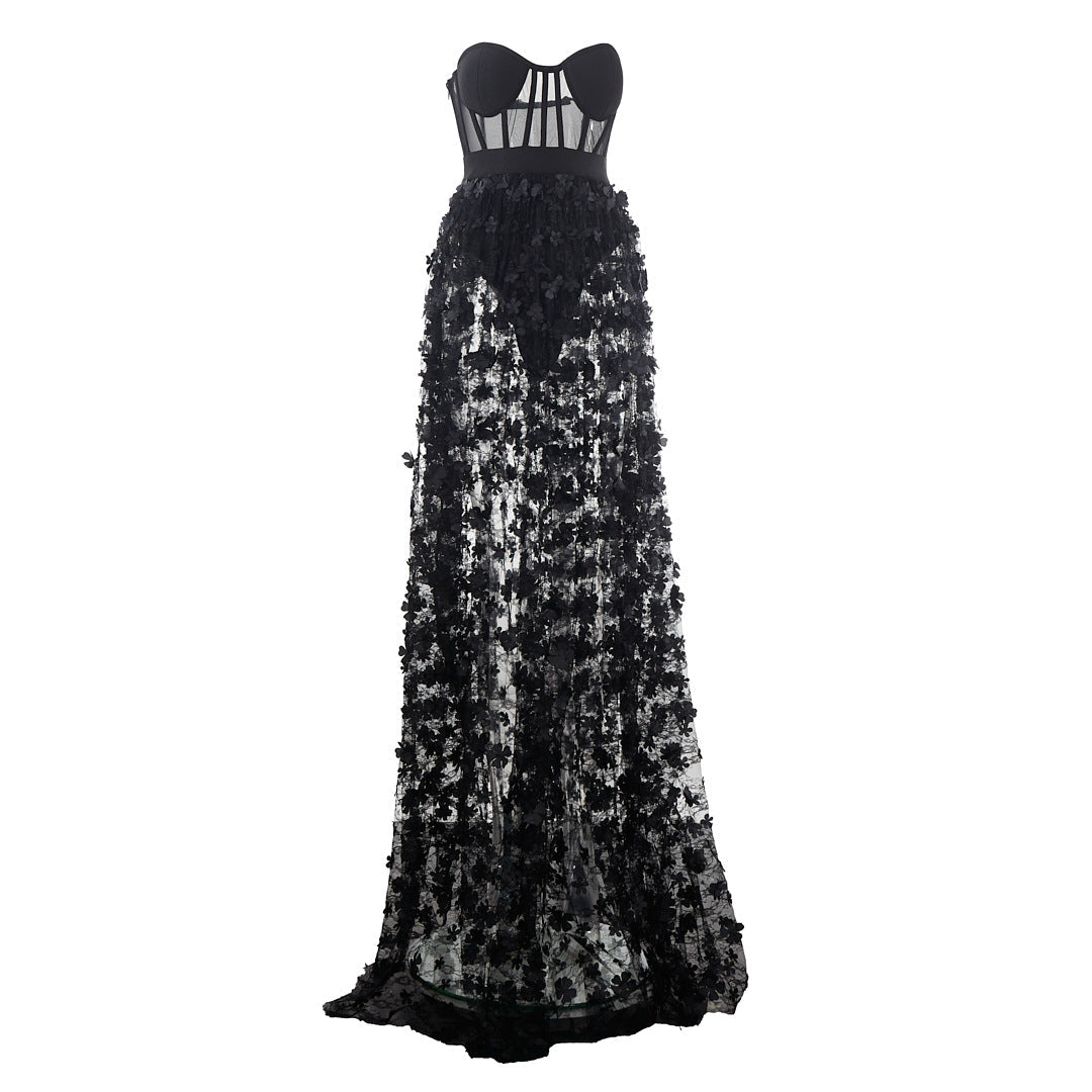 Black Lace See through Dress Tube Top Design Party Dinner Dress