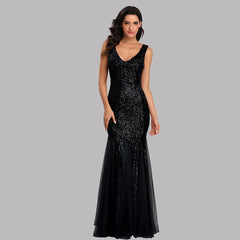 Sequin Stitching Mesh Mermaid Evening Dress Double V Neck Sleeveless Bridesmaid Elastic Dress