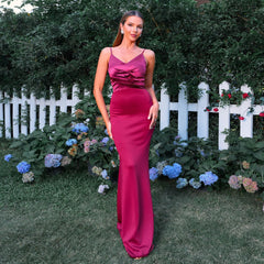 Sleeveless Elegant Solid Color V Neck Tight Waist Sling Sheath Maxi Dress Evening Dress