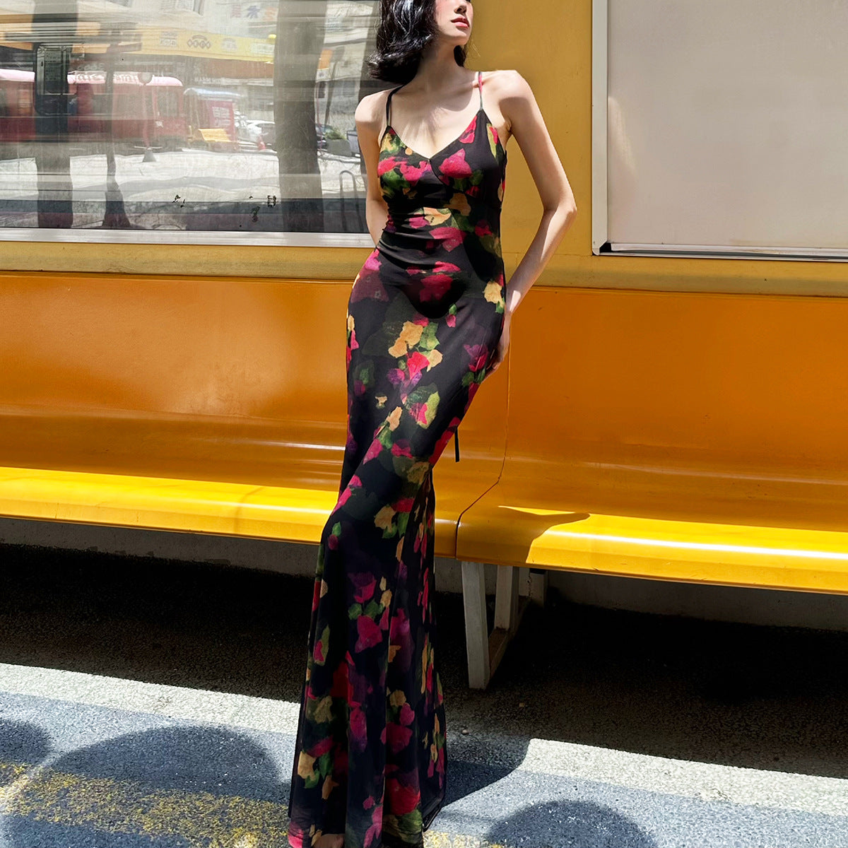 Colorful floral pattern fitted fishtail maxi dress