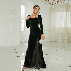 Elegante vestido de noche de terciopelo con cuello cuadrado y mangas largas para dama de honor, ideal para reuniones anuales.