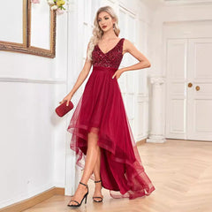 Vestido de dama de honor de gasa con escote en V doble, sin mangas, corte A, dobladillo grande, costura de lentejuelas, vestido de noche