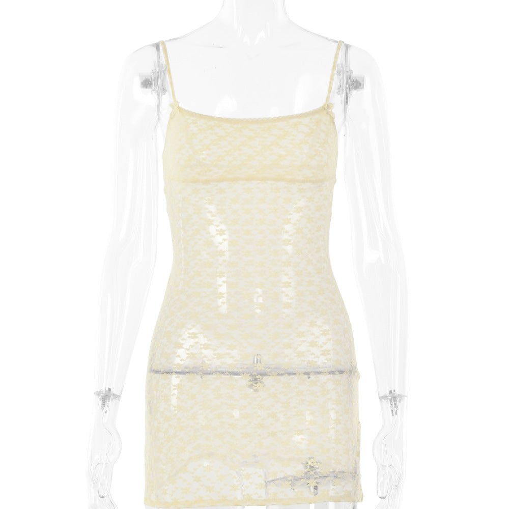 See through Slit A Line Spaghetti Straps Sleeveless Short Dress