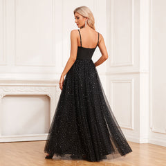 Camisole V neck Sleeveless Evening Dress Tulle Sequined Formal Party Dress Shiny Elegant Dress