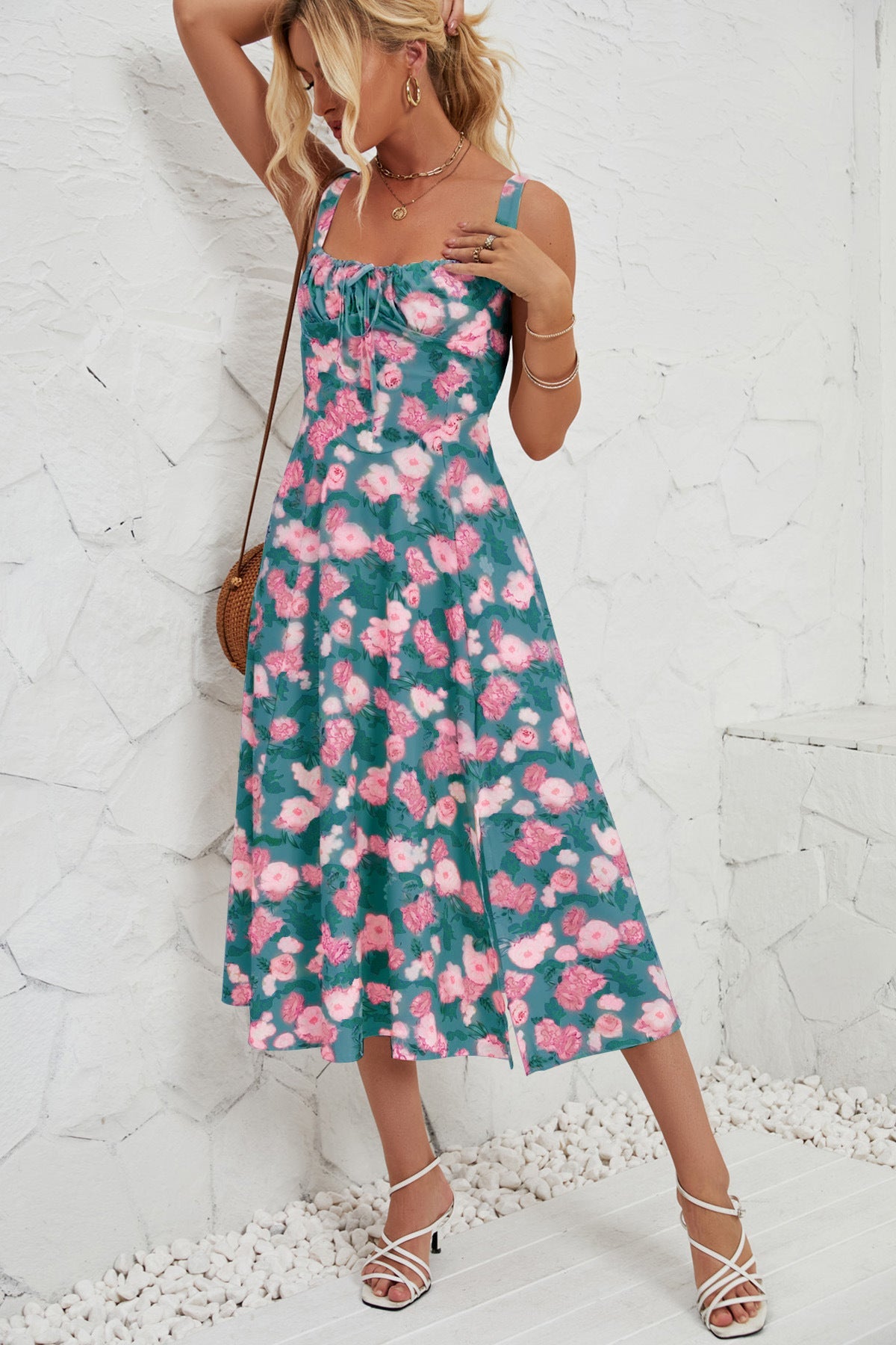 Vestido largo elegante estilo pastoral con tirantes florales