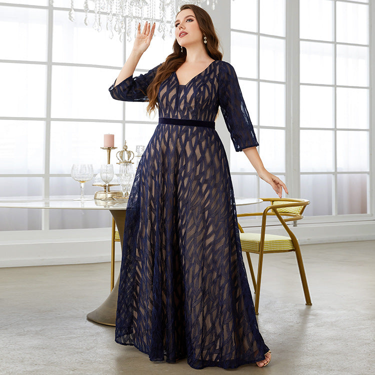 Vestido de noche de talla grande, escote en V, encaje bordado, manga larga, dobladillo grande, elegante, vestido de baile, vestido de fiesta de verano