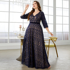 Vestido de noche de talla grande, escote en V, encaje bordado, manga larga, dobladillo grande, elegante, vestido de baile, vestido de fiesta de verano