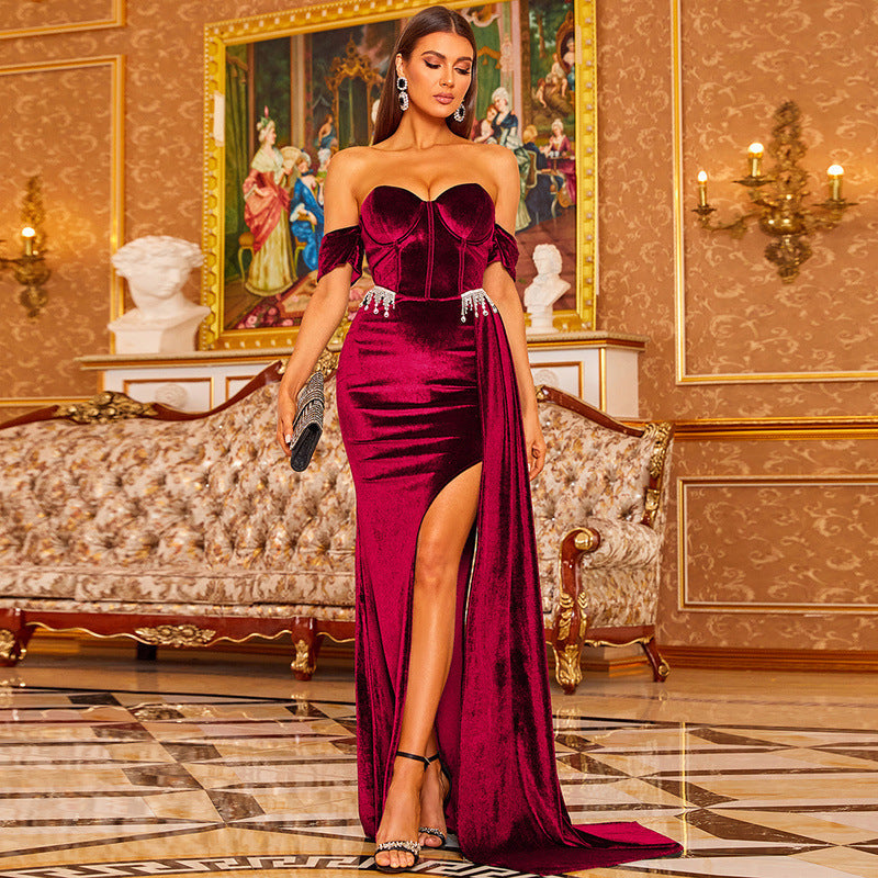 Vestido de noche elegante con escote desbocado, pecho envuelto, elegante, con cadera envuelta, elegante, para dama, con fregona pequeña dividida para