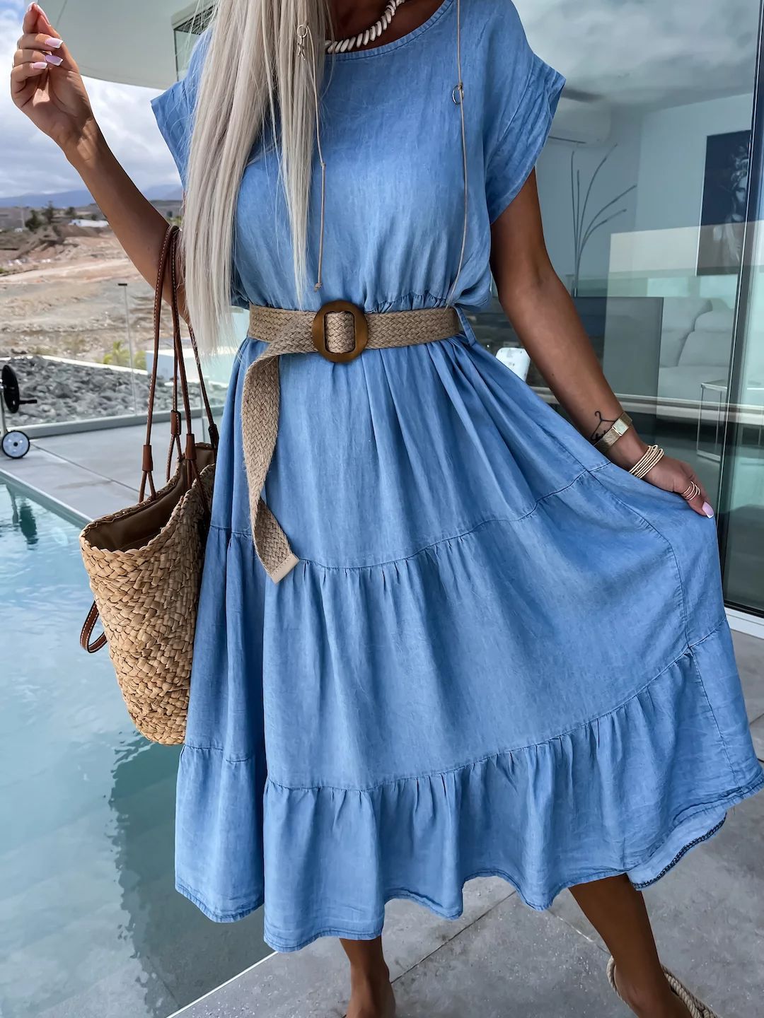 Casual Solid Color Simple Round Neck Short Sleeve Midi Without Belt