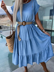 Casual Solid Color Simple Round Neck Short Sleeve Midi Without Belt