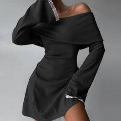 off Shoulder Horn Long Sleeve Short Dress Lace Slim Fit Dress