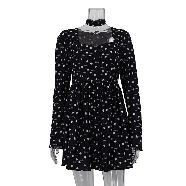 Tea Break French Dress Collar Square Collar Long Sleeve Printing Casual A line Dress